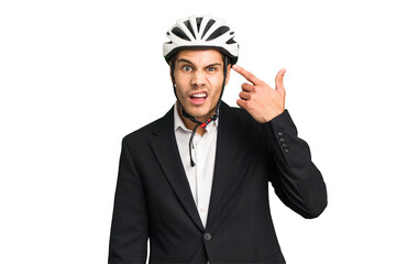 Business Caucasian man wearing a bike helmet isolated showing a disappointment gesture with forefinger.