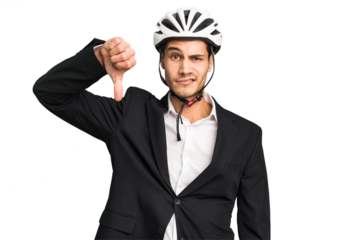 Business Caucasian man wearing a bike helmet isolated showing a dislike gesture, thumbs down. Disagreement concept.