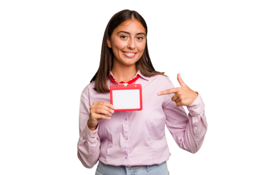 Young caucasian woman with a badge isolated