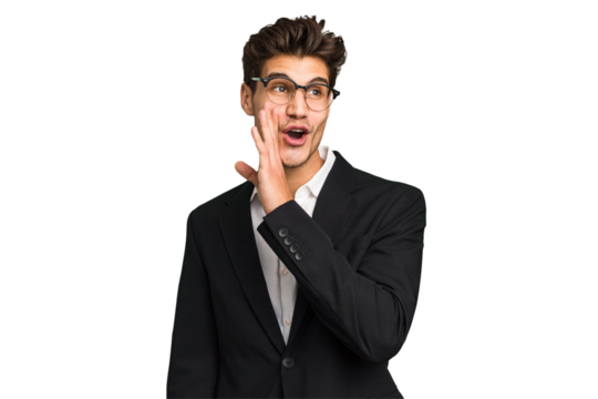 Young caucasian business man isolated is saying a secret hot braking news and looking aside