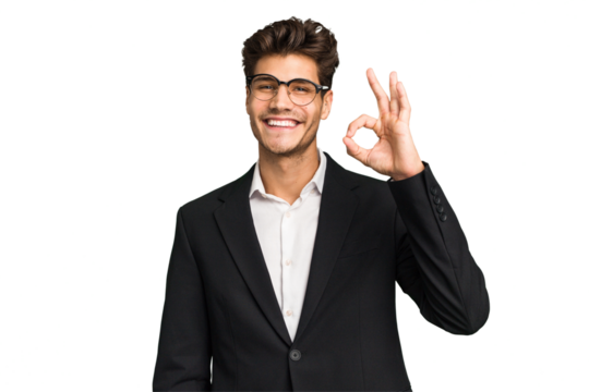 Young caucasian business man isolated cheerful and confident showing ok gesture.