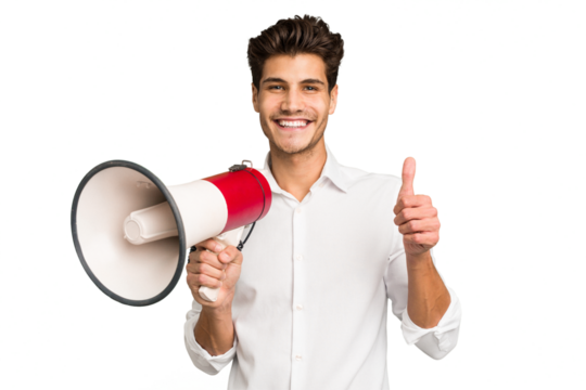 Young caucasian man holding megaphone isolated smiling and raising thumb up