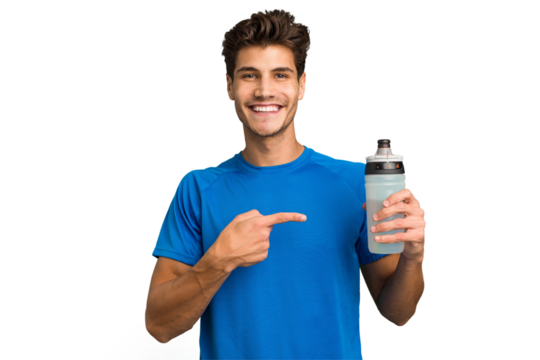 Young sport caucasian man holding a bottle of water isolated smiling and pointing aside, showing something at blank space.