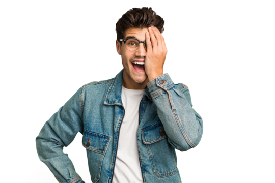 Young caucasian handsome man isolated having fun covering half of face with palm.