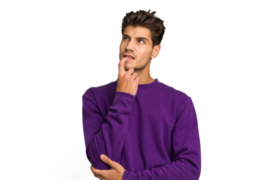 Young caucasian handsome man isolated looking sideways with doubtful and skeptical expression.