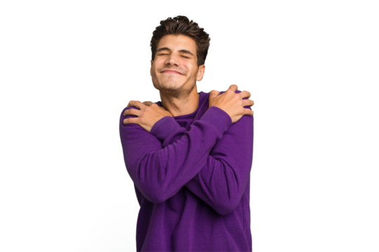 Young caucasian handsome man isolated hugs, smiling carefree and happy.