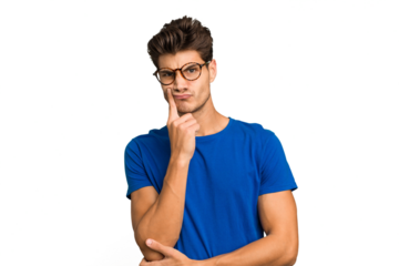 Young caucasian handsome man isolated unhappy looking in camera with sarcastic expression.