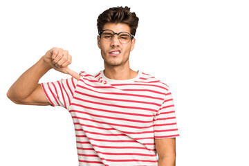 Young caucasian handsome man isolated showing thumb down, disappointment concept.