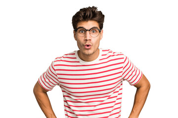 Young caucasian handsome man isolated being shocked because of something she has seen.