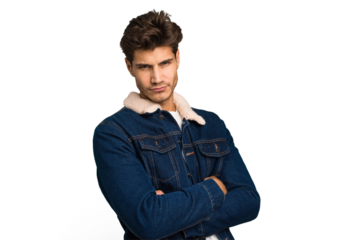 Young caucasian handsome man isolated frowning face in displeasure, keeps arms folded.