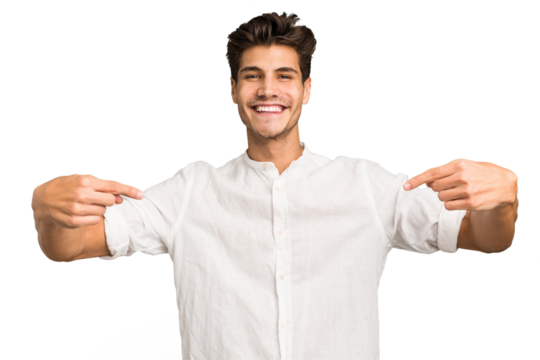 Young caucasian handsome man isolated points down with fingers, positive feeling.