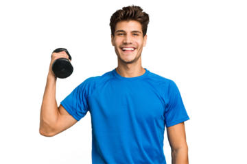 Young sport caucasian man training with weights isolated