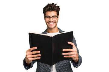 Young teacher caucasian man holding a book isolated