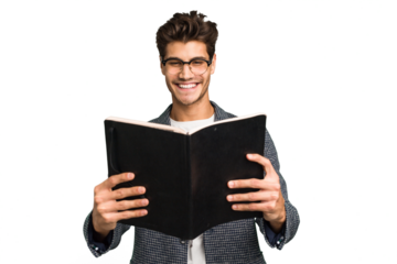 Young teacher caucasian man holding a book isolated