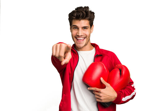 Young caucasian man practicing boxeo isolated