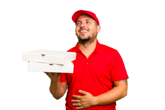 Pizza delivery caucasian man with work uniform picking up pizza boxes isolated laughing and having fun.