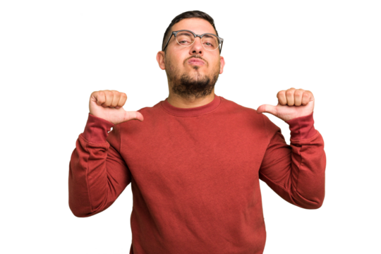 Young caucasian man isolated feels proud and self confident, example to follow.