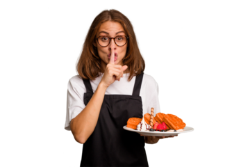 Young caucasian woman holding a waffles dish isolated keeping a secret or asking for silence.