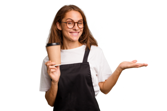 Young caucasian woman holding takeaway coffee isolated showing a copy space on a palm and holding another hand on waist. - Powered by Adobe