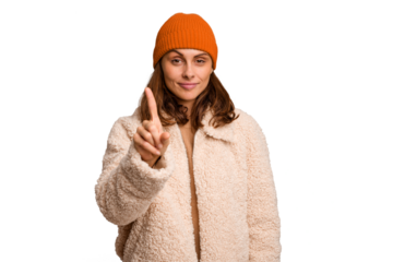 Young caucasian woman wearing winter clothes isolated showing number one with finger.