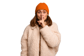 Young caucasian woman wearing winter clothes isolated keeping a secret or asking for silence.
