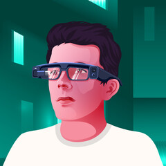 A Modern Young Man With  futuristic augmented (AR) Glasses- Vector illustration