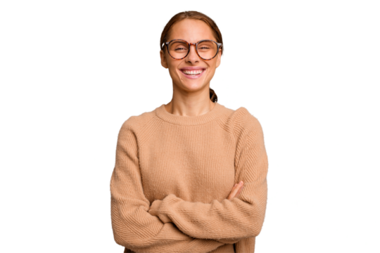 Young caucasian woman isolated who feels confident, crossing arms with determination.