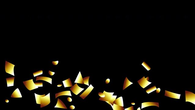 Animation of the golden Confetti on a black screen. The effect of the holiday, victory, achievement, congratulations, completed task. Stock video of a festive cracker for Christmas in 4K with an alpha