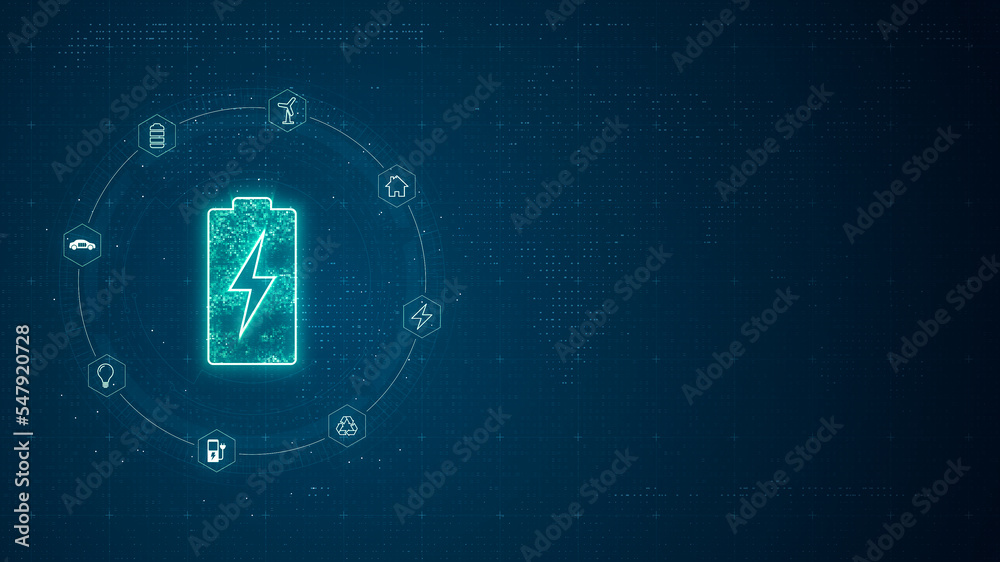 Canvas Prints blue digital battery logo with line connection and data transfer to futuristic icon technology abstr