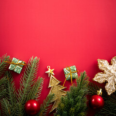 Christmas background design concept with beautiful decors and tree branch.