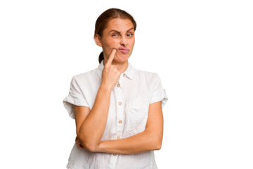 Young caucasian woman isolated unhappy looking in camera with sarcastic expression.