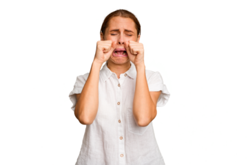 Young caucasian woman isolated whining and crying disconsolately.