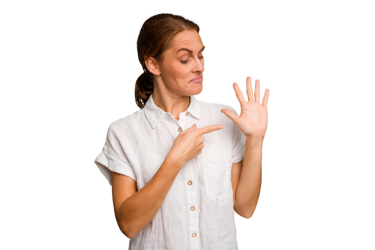 Young caucasian woman isolated smiling cheerful showing number five with fingers.