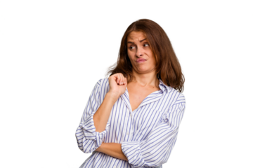 Young caucasian woman isolated confused, feels doubtful and unsure.