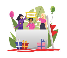 Prize draw banner or poster with teens characters, vector illustration isolated.