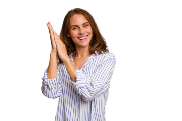 Young caucasian woman isolated feeling energetic and comfortable, rubbing hands confident.