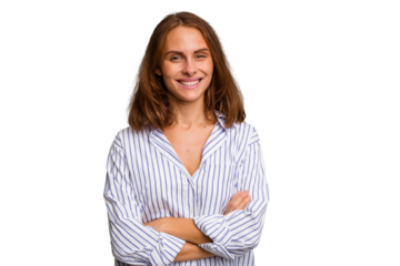 Young caucasian woman isolated who feels confident, crossing arms with determination.