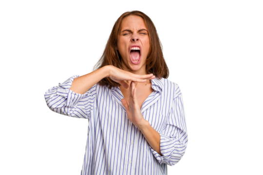 Young caucasian woman isolated showing a timeout gesture.