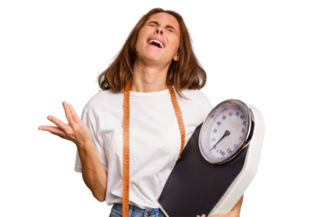 Young nutritionist caucasian woman holding scale and mesure tape isolated