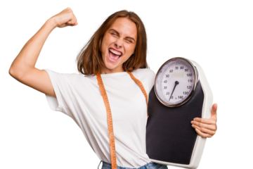 Young nutritionist caucasian woman holding scale and mesure tape isolated