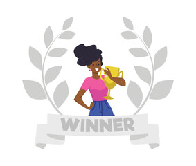 Woman holding golden cup award for victory flat vector illustration isolated.