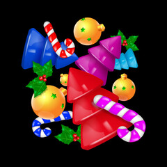 Flying festive composition. Merry Christmas and Happy New Year illustration. Falling 3d ornament, christmas trees and candy canes. Merry Christmas background