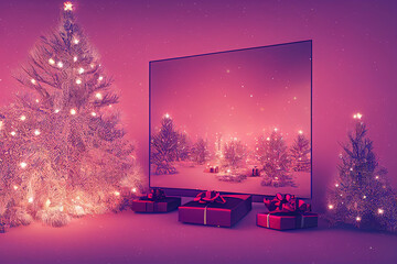 Fröhlich, Fernsehen mit Weihnachtslandschaft in dekorativer Szene mit Weihnachtsbaum und Geschenken. hintergrund für weihnachtswerbung