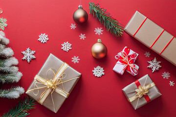 christmas gifts on a red background with packages and decorative pieces of christmas motifs