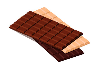Vector illustration of chocolate bar isolated on white background. White, dark and milk chocolate icon. Dessert.