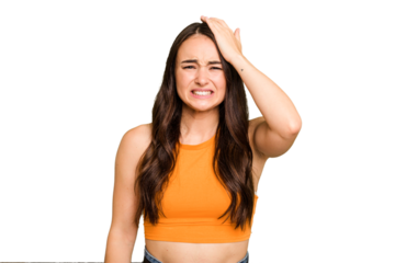 Young caucasian woman isolated on green chroma background forgetting something, slapping forehead with palm and closing eyes.