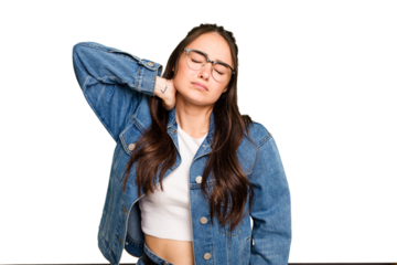 Young caucasian woman isolated on green chroma background massaging elbow, suffering after a bad movement.