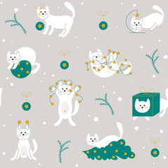 Funny Christmas cats hand drawn seamless pattern. Cats play with New Years attributes. Festive winter background pets. Print for textile, packaging, paper, wallpaper vector illustration