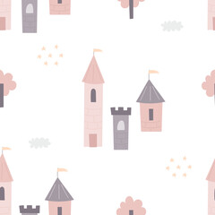 Seamless pattern with cartoon castle, tree, decorative elements. Flat style colorful vector illustration for kids. hand drawing. baby design for fabric, textile, print, wrapper.