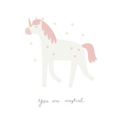 you are magical. Cartoon unicorn, hand drawing lettering, decor elements. Colorful vector illustration for kids, flat style. baby design for card, print, poster, cover.